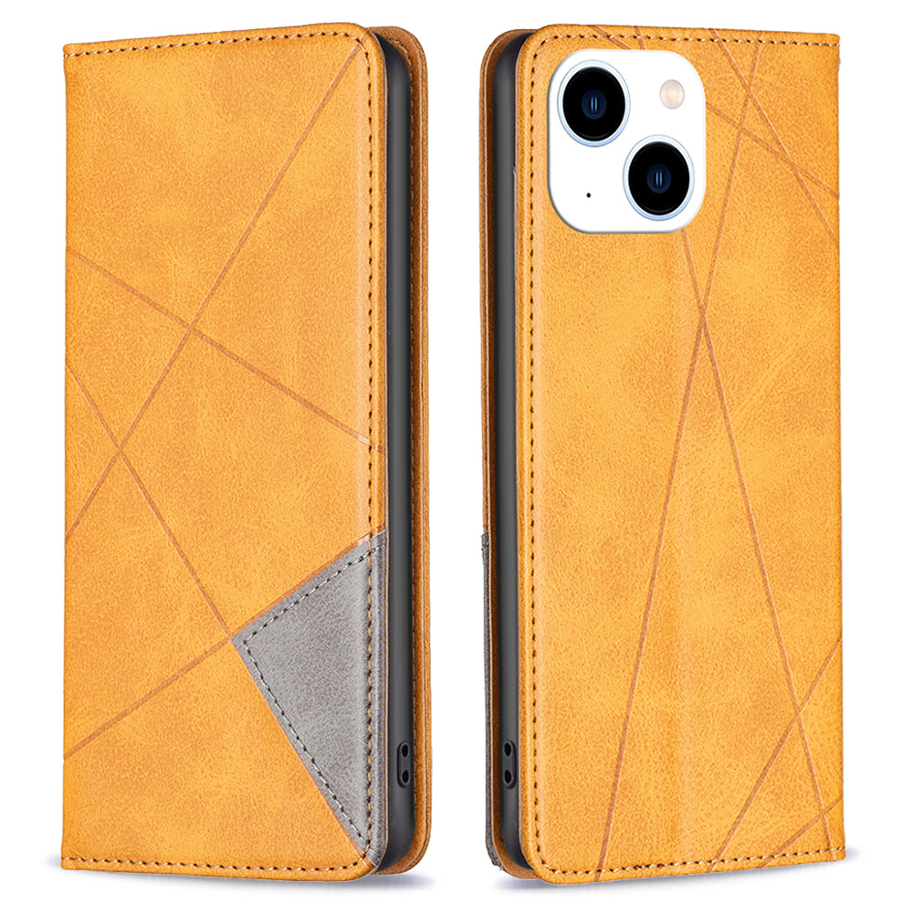 Uniqkart for iPhone 15 Card Holder Shell Imprinted Line Cell Phone Case Stand Leather Phone Cover - Yellow Uniqkart for iPhone 15 Card Holder Shell Imprinted Line Cell Phone Case Stand Leather Phone Cover - Yellow